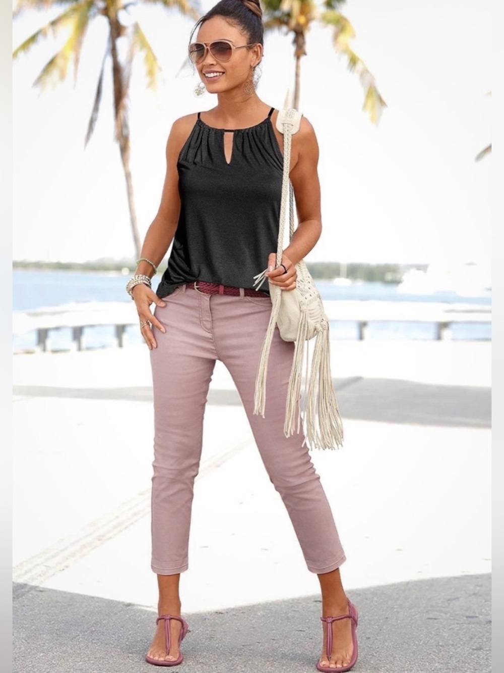 Lascana skinny leg cropped Slim-Fit Stretch Light Pink Jeans Women's 4